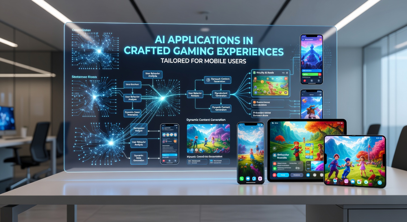 AI analytics dashboard displaying player engagement metrics and tailored game adjustments for mobile titles