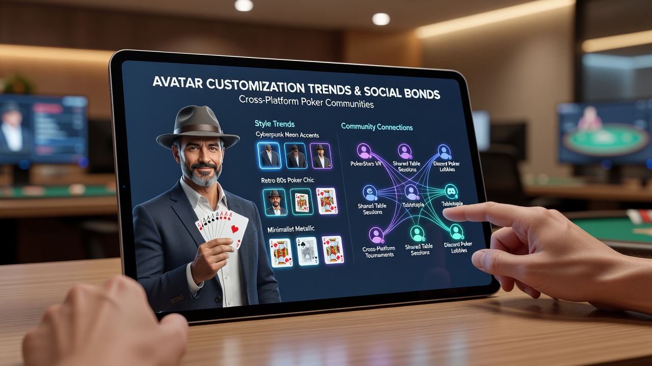 Players interacting through customized avatars in a cross-platform poker tournament interface showing diverse character designs and social features