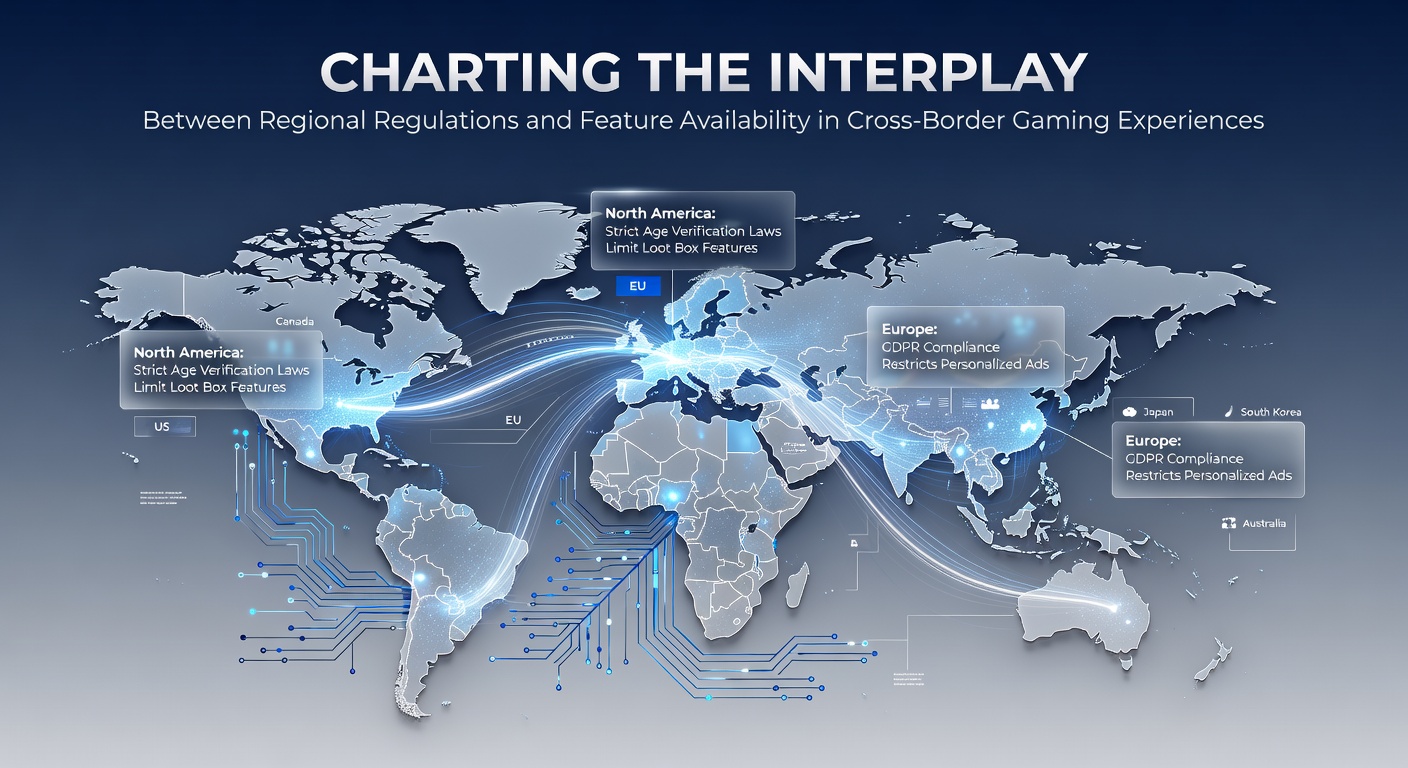 Regulatory maps overlay digital casino interfaces showing regional feature restrictions across borders