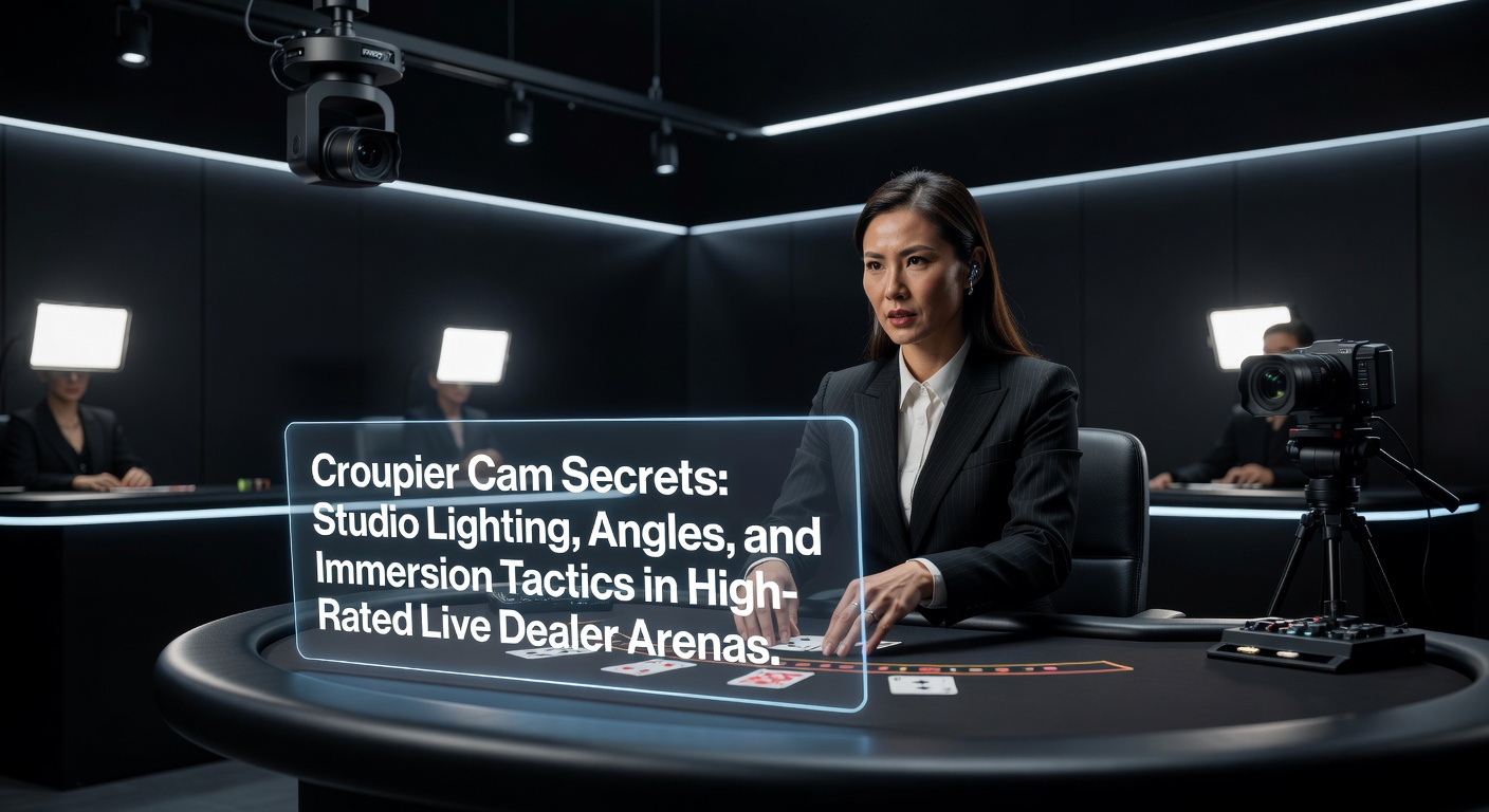 Live dealer croupier dealing cards at a blackjack table, illuminated by precise studio lights that highlight every shuffle and bet placement