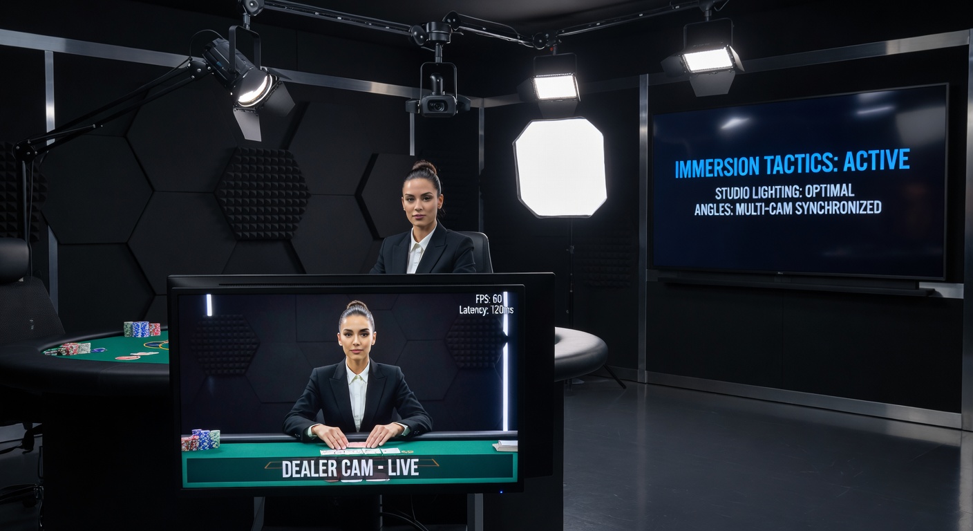 Multi-camera setup capturing a croupier from various angles in a high-tech live dealer studio, showcasing wide table views alongside intimate close-ups of shuffling hands