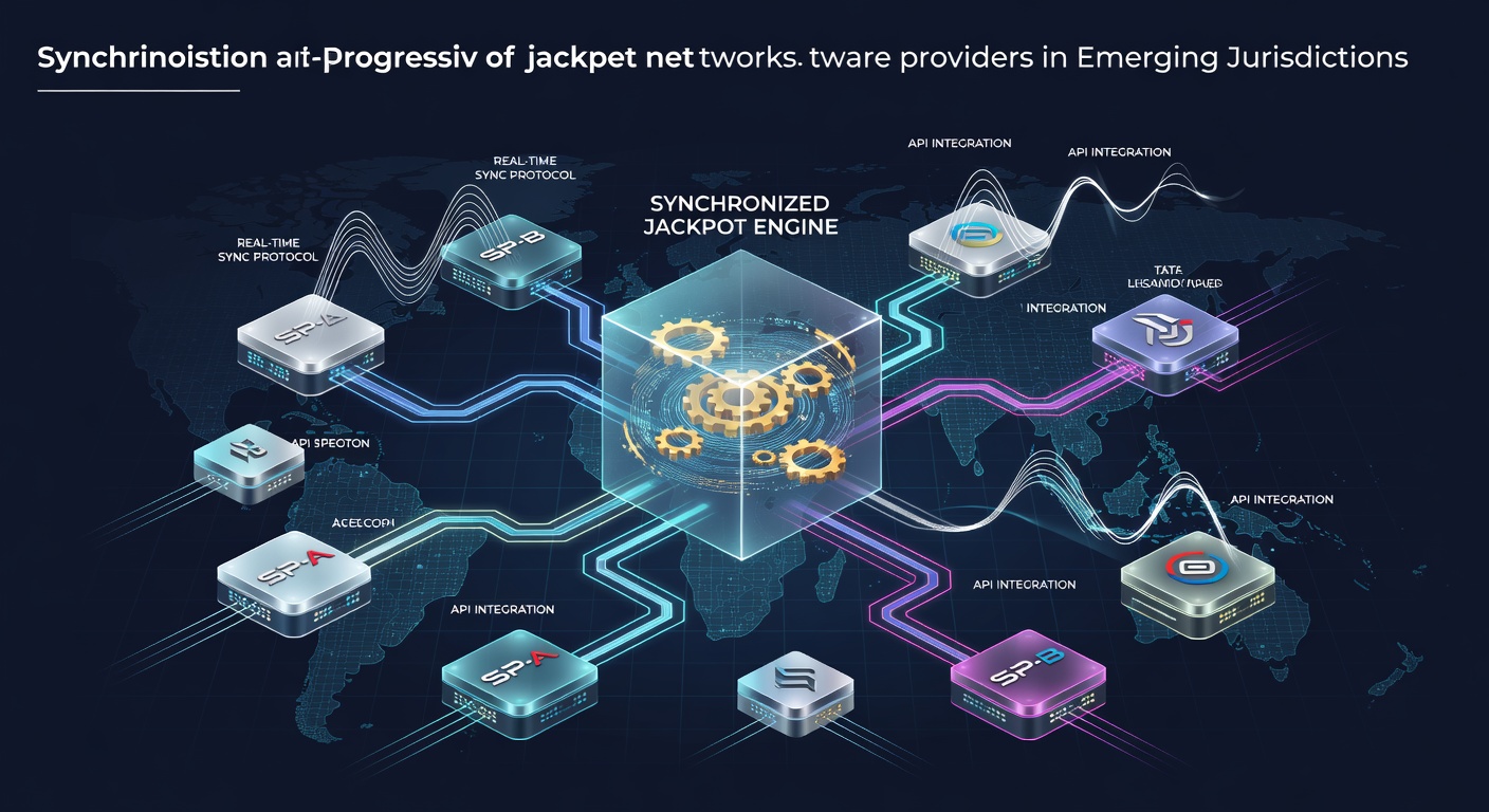 Diagram illustrating progressive jackpot synchronization protocols between different casino software platforms in regulated markets