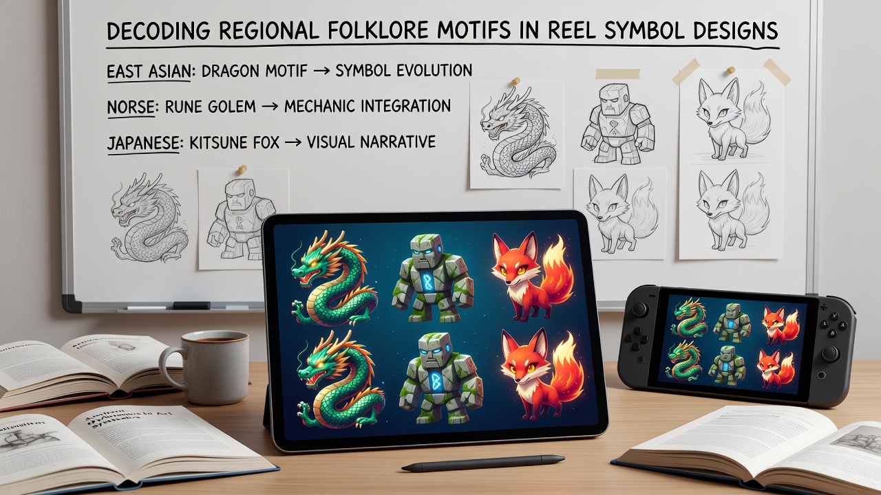 Close-up view of mobile screen showing reel symbols with African and European folklore elements like spiders, spirits, and knot patterns