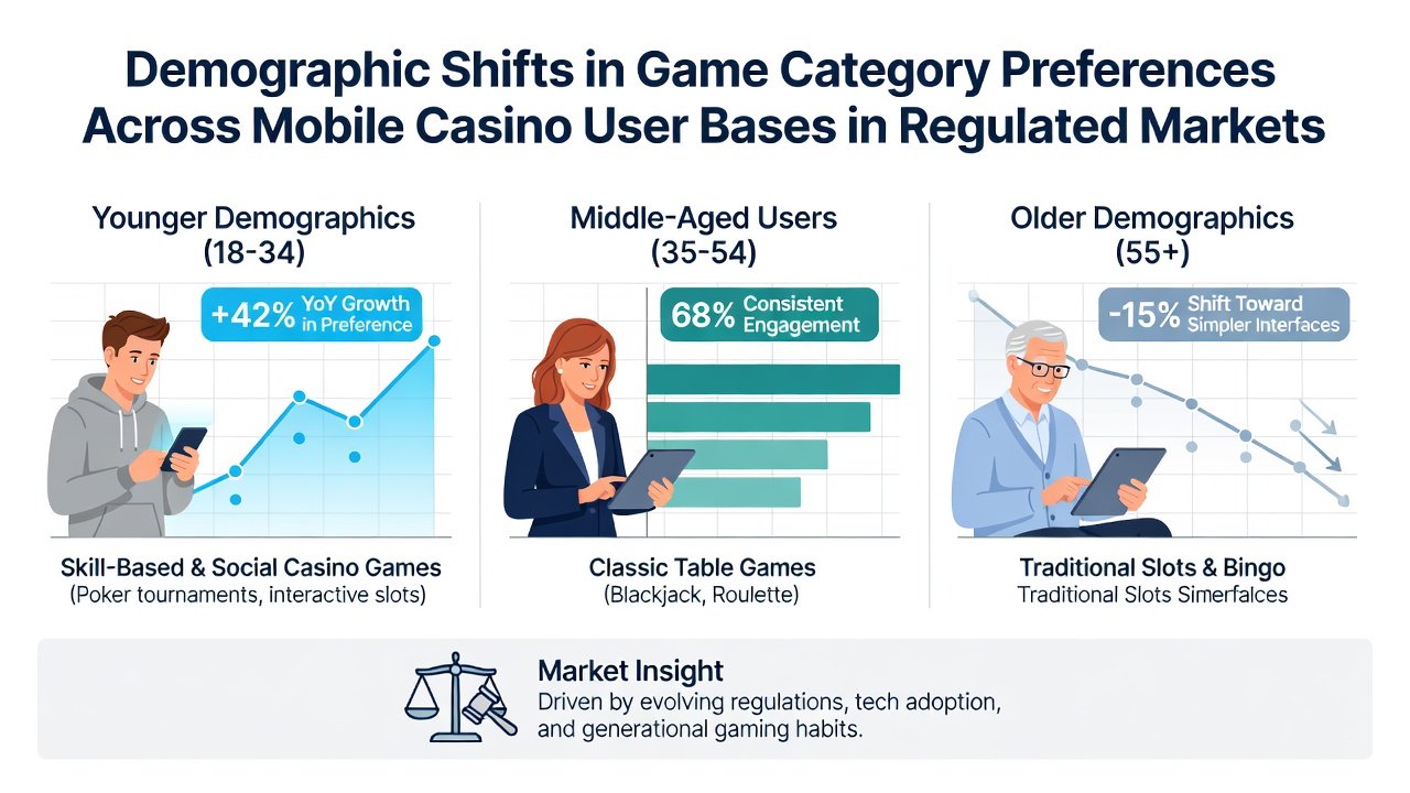 Mobile casino users engaging with various game categories on smartphones in regulated markets