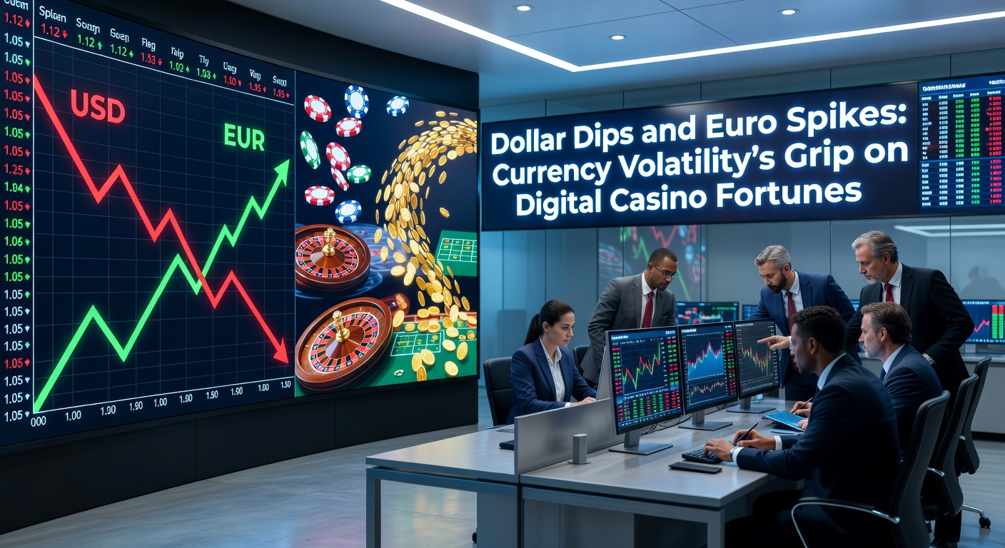 Dashboard screenshot of an online casino interface showing real-time currency conversion alerts and adjusted bet sizes amid forex volatility