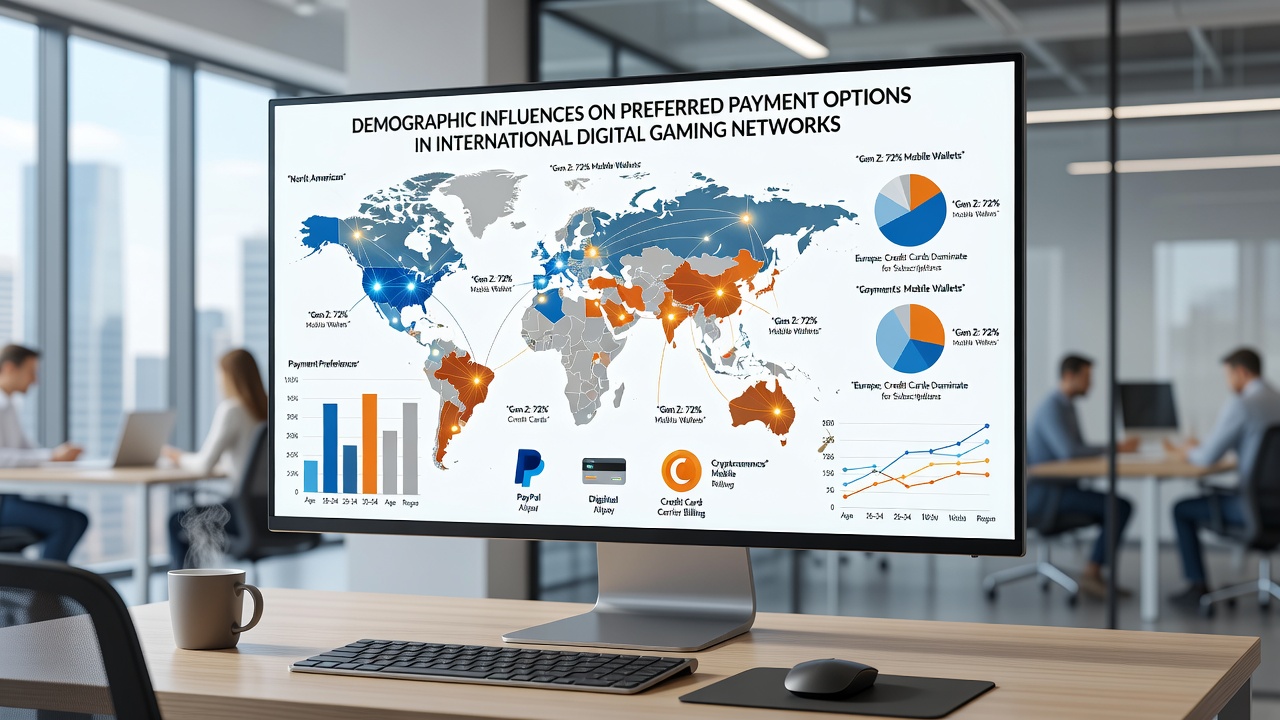 Global map overlay showing payment method preferences across different demographic groups in digital gaming networks