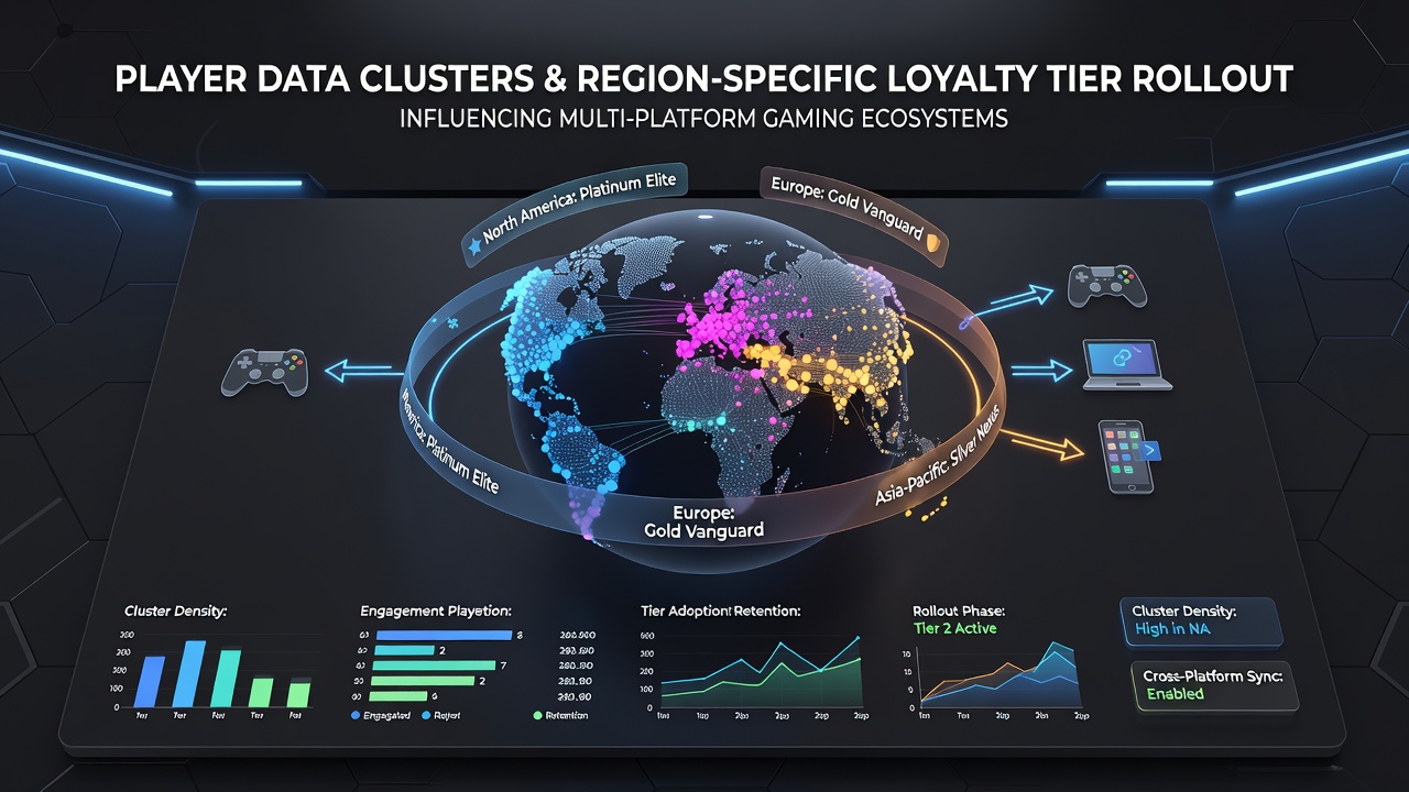Infographic illustrating how data clusters drive phased rollout of loyalty tiers across different geographic regions in gambling networks