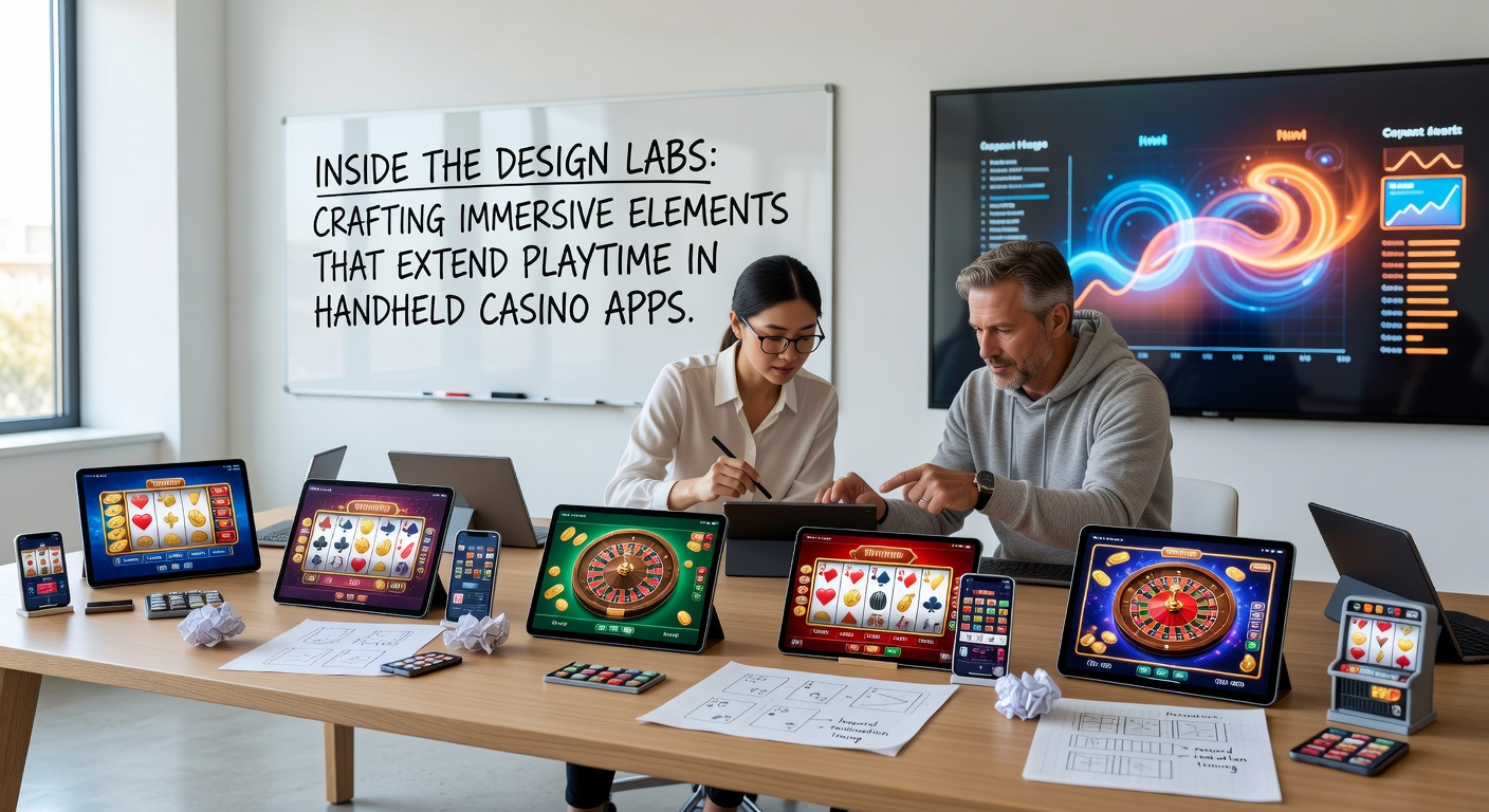 Design lab workspace showing multiple handheld casino app prototypes with immersive visual interfaces and testing equipment