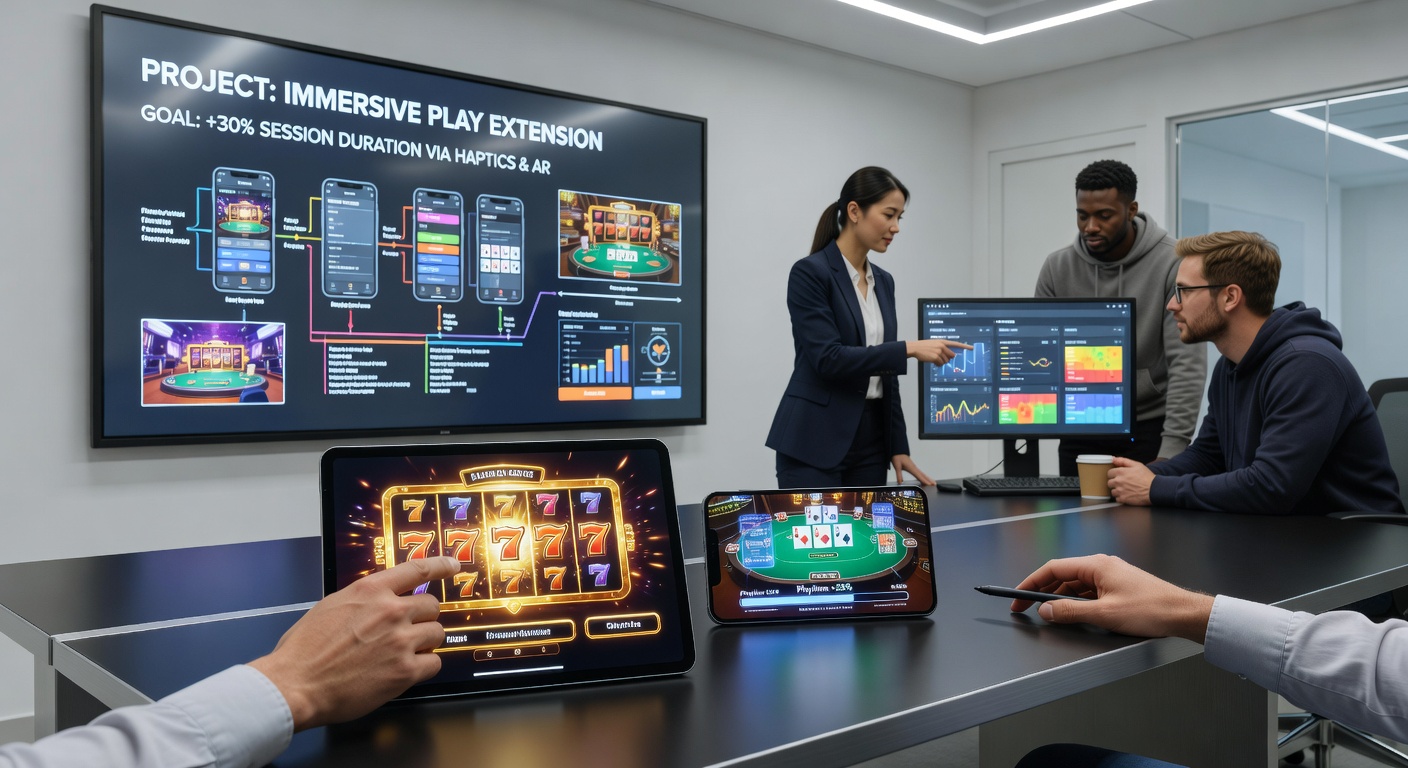 Close-up view of developers reviewing real-time personalization algorithms on handheld casino app interfaces during a lab session