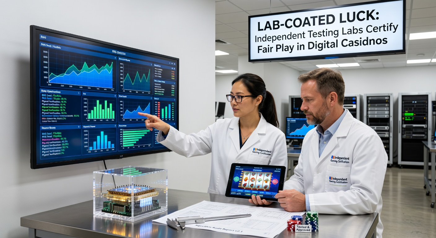 Technicians in a lab examining casino software code on multiple screens, surrounded by testing equipment and certification seals