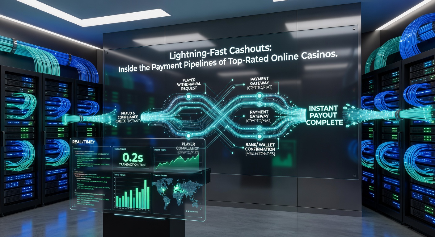 Close-up graphic of a high-tech payment gateway dashboard displaying real-time transaction flows, verification checks, and global currency conversions in an online casino context