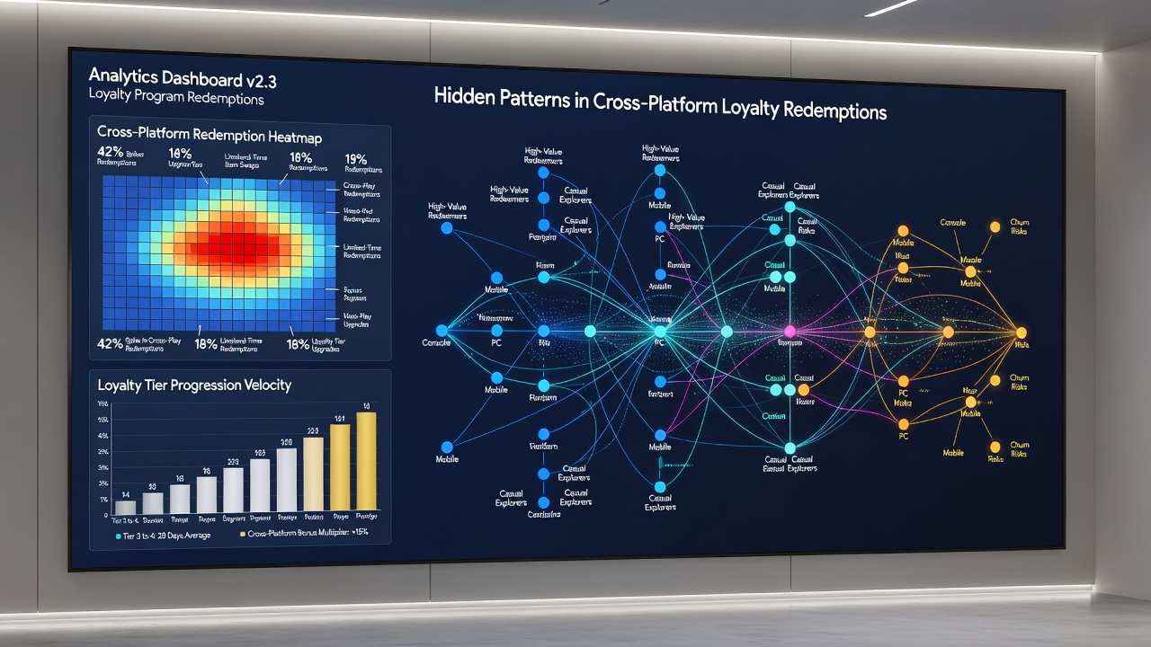 Network graph illustrating hidden redemption pathways linking mobile and desktop loyalty accounts