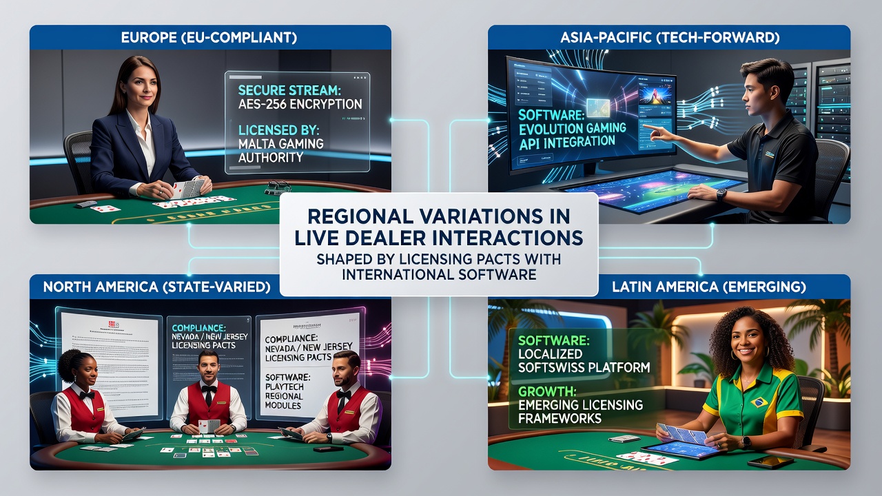 Comparison of live dealer interaction interfaces across European and Asian licensed platforms with software overlays visible