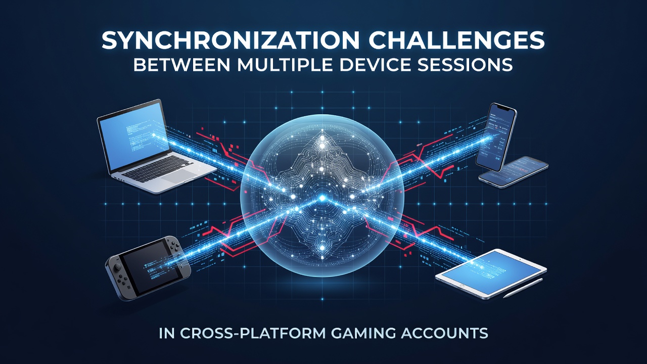 Multiple devices displaying synchronized gaming account sessions across platforms