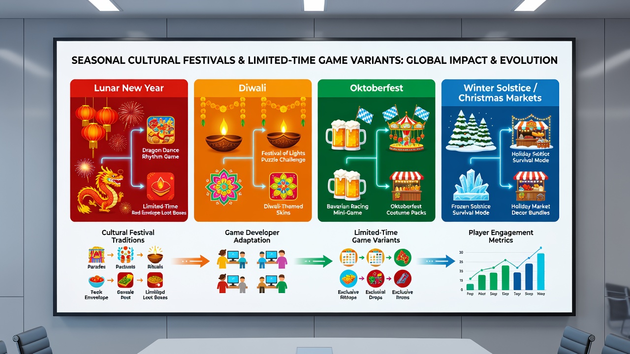 Players engaging with limited-time game events featuring cultural motifs from multiple international festivals on handheld devices