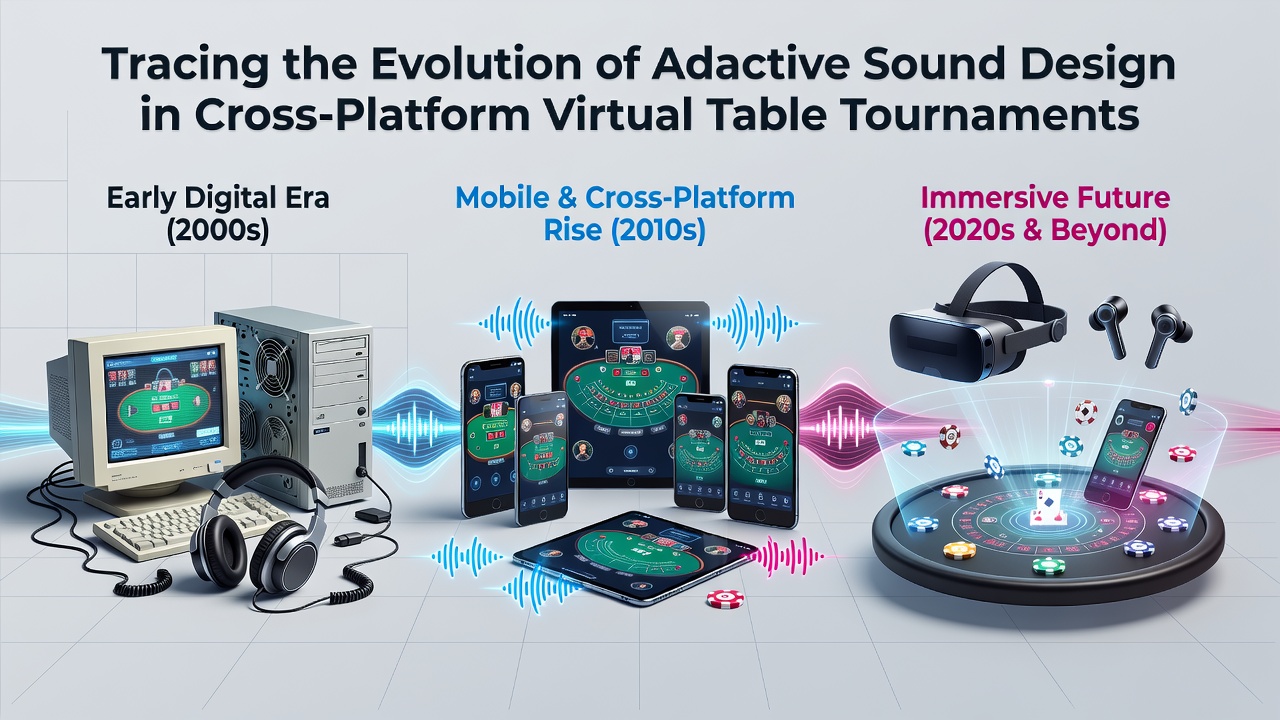 Early virtual table tournament interface showing basic audio controls and player avatars around a digital poker table